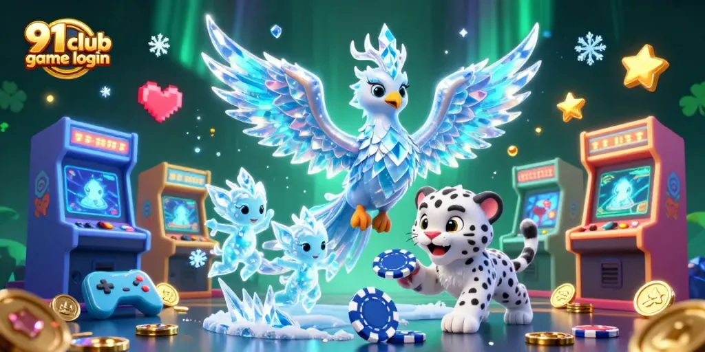 Experience 91 club game login through a magical 3D illustration of an ice phoenix and gaming elements.