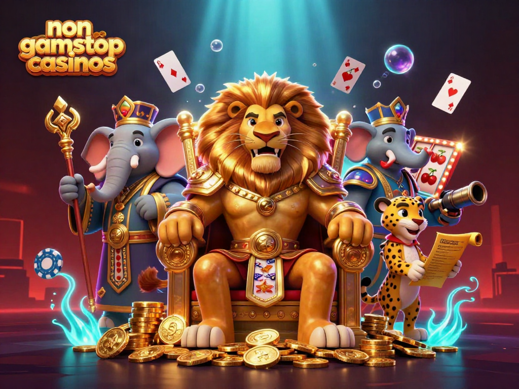 Experience the thrill of non gamstop casinos with a royal scene featuring vibrant slot reels and lively characters