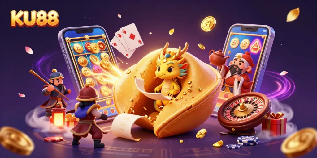KU88 offers an immersive gaming experience filled with golden treasures, spinning reels, and exciting casino elements.