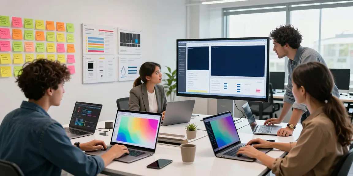 Collaborative team working together in a digital workspace to go to this website strategy.