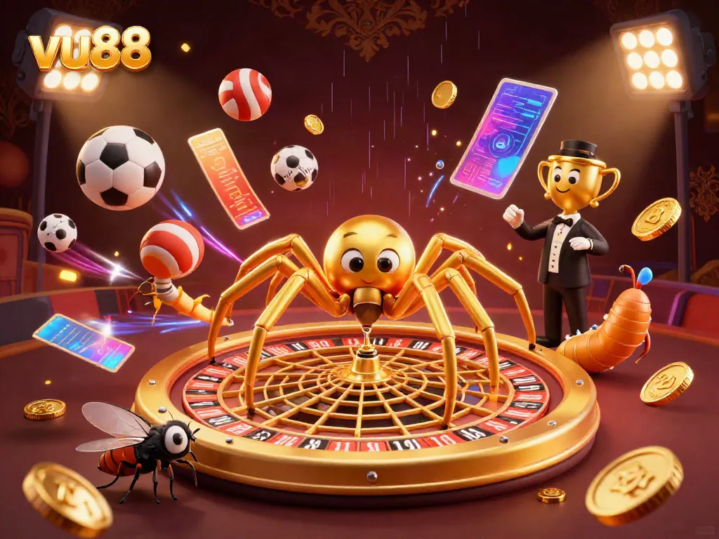 Experience high-stakes gambling at vu88 with cartoon characters engaging in playful betting around a roulette wheel.
