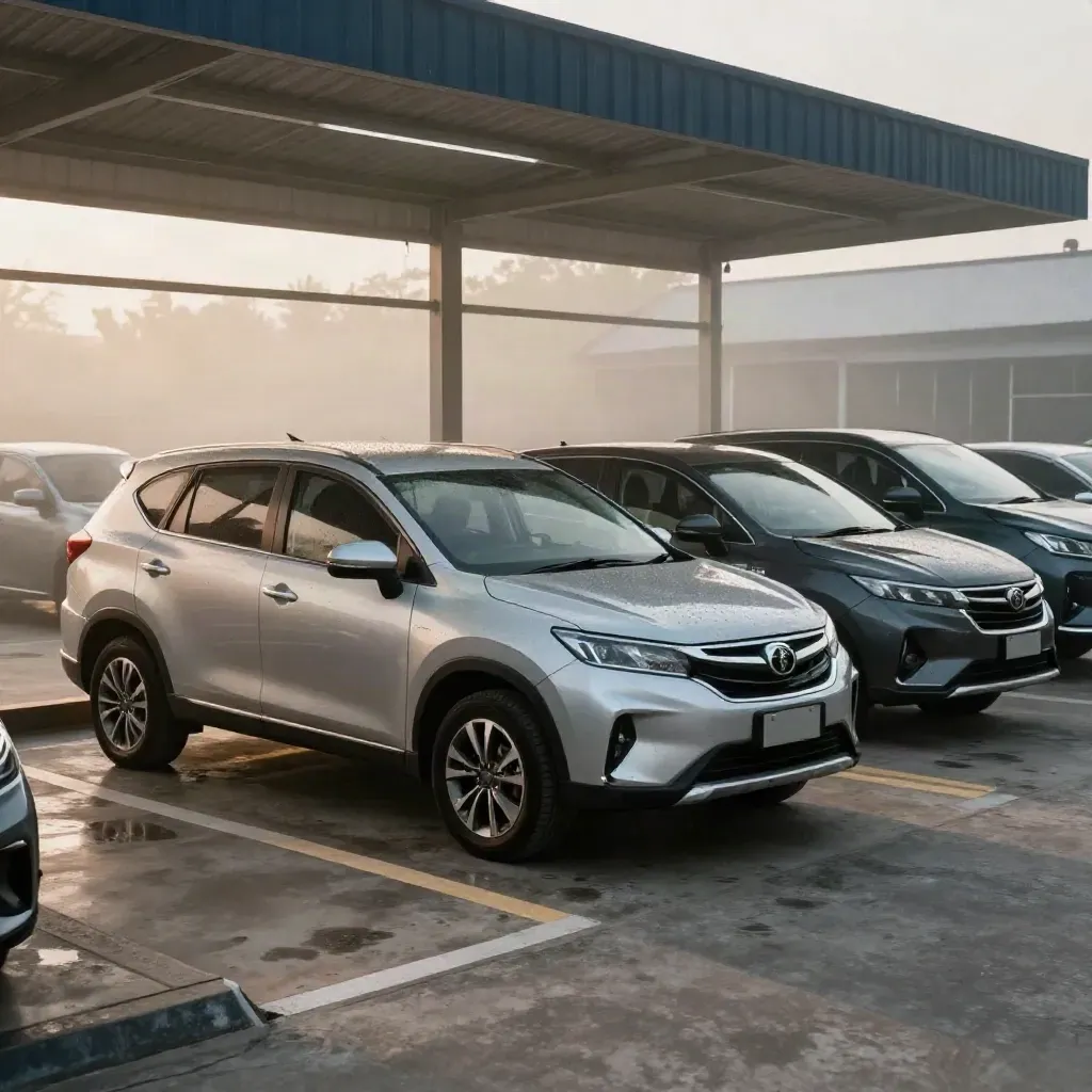Silver SUV with two darker stock cars on a misty morning used-car forecourt.