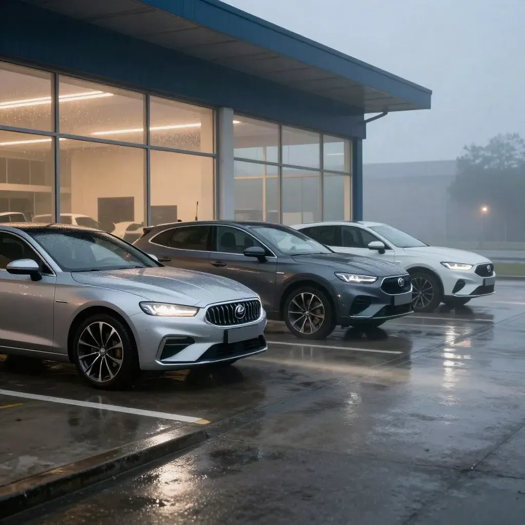 Three used cars on a misty forecourt at dawn beside a glass showroom