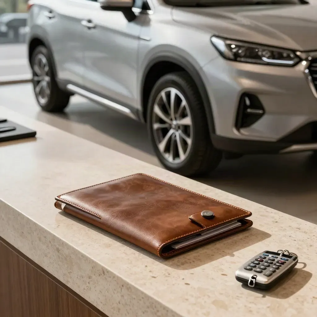 Compact SUV beside a finance folder, calculator and key fob on a stone plinth.