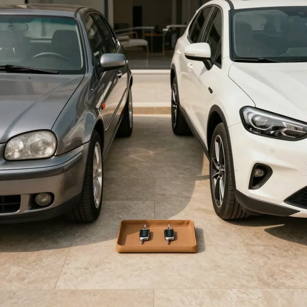 Grey hatchback and white crossover with key fobs in a leather tray on a forecourt.