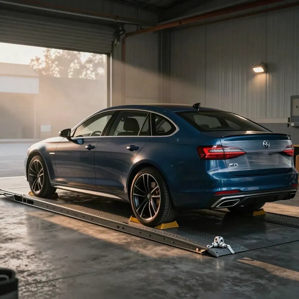 Dark blue estate on a delivery ramp in a hazy dawn workshop, straps just removed.