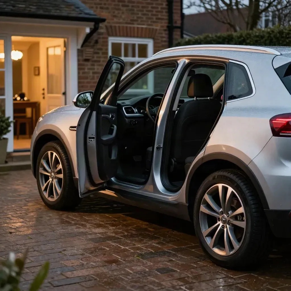 Silver SUV in a Kent driveway with open door, fitted mats and keys behind glass.
