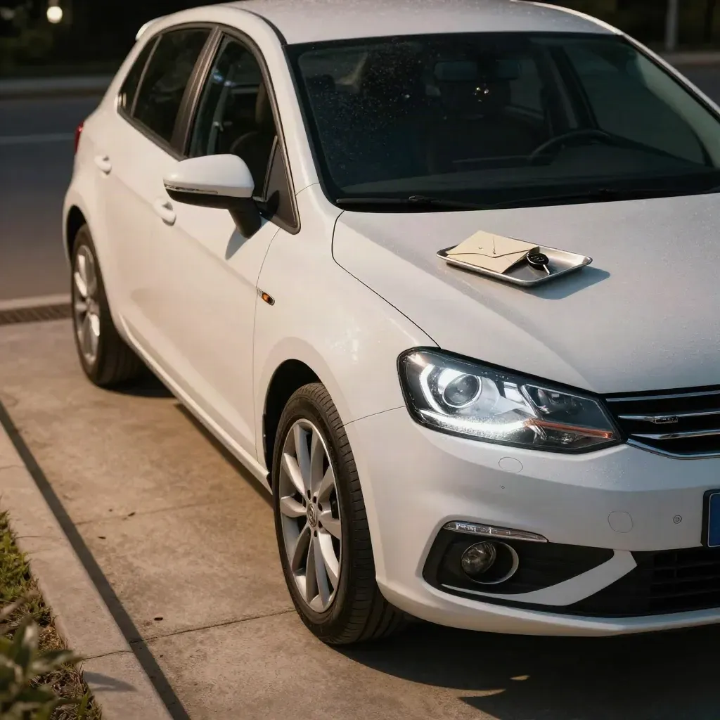 White hatchback with finance pack and keys on a misty lit forecourt, low front three-quarter view