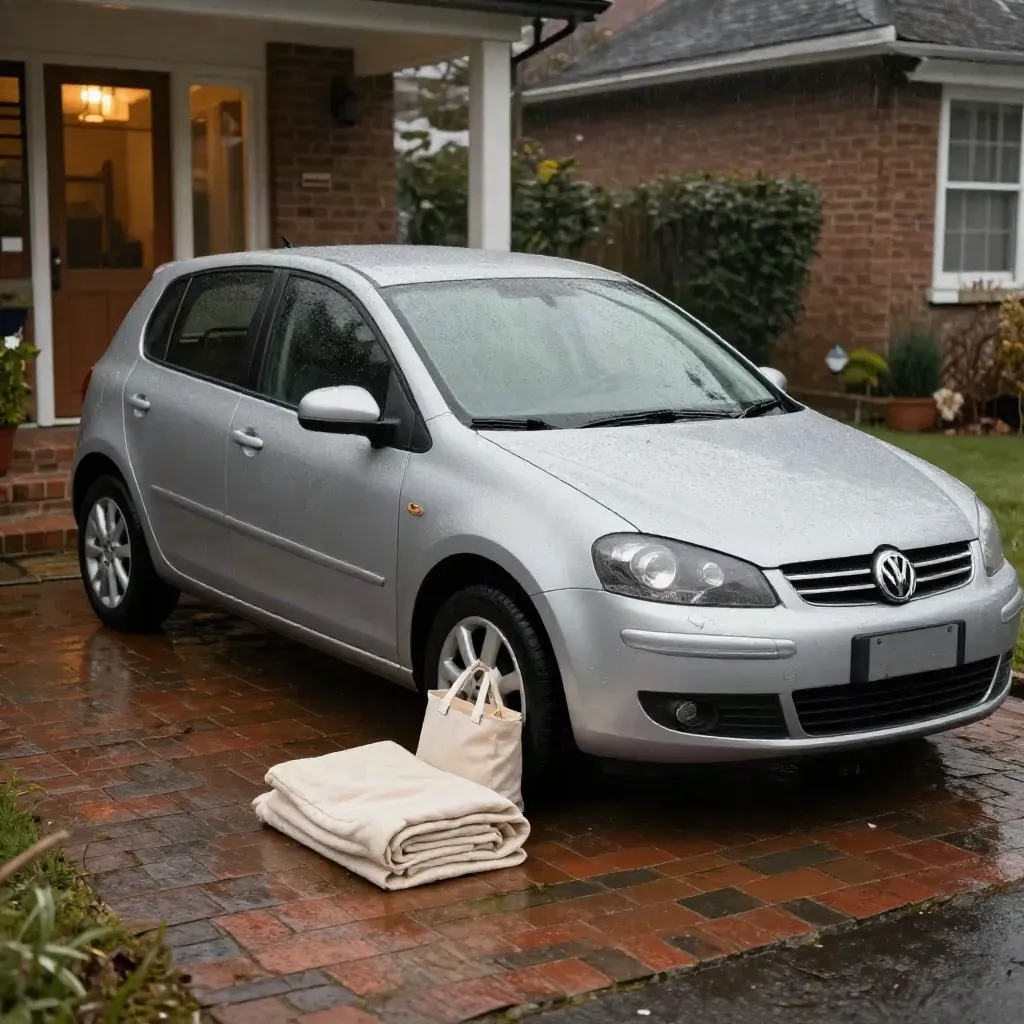Silver hatchback at a brick driveway with delivery blanket and insulated tote outside a home.