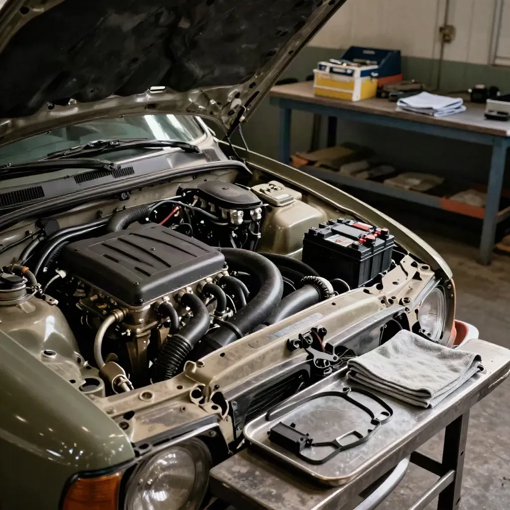 Open engine bay with ignition coil, battery booster and parts box in a moody workshop.