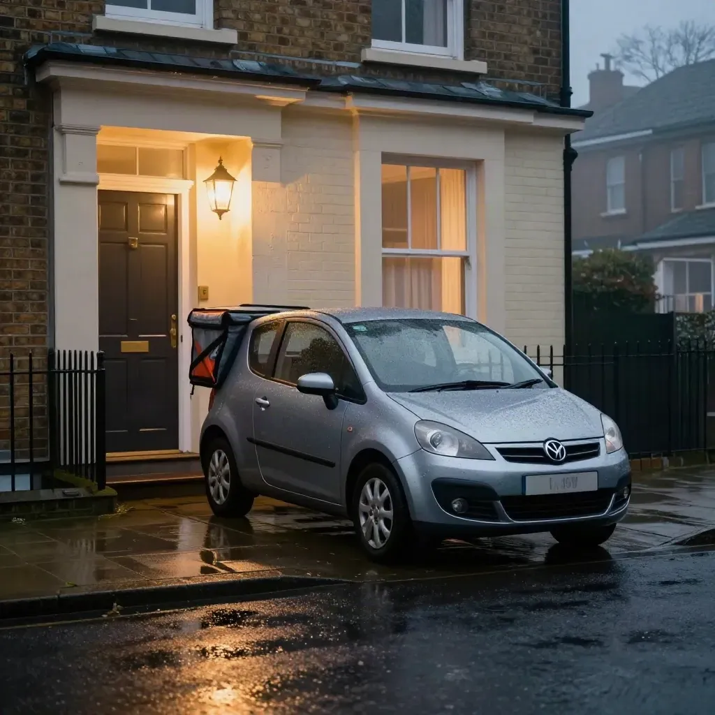Rainy kerbside townhouse delivery scene with a small car, tote on the back seat, and warm porch light.
