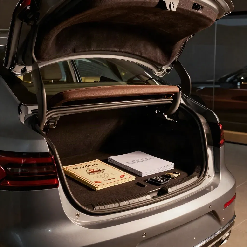 Open glovebox in hatchback with warranty pack, service booklet and key tray in a dim showroom