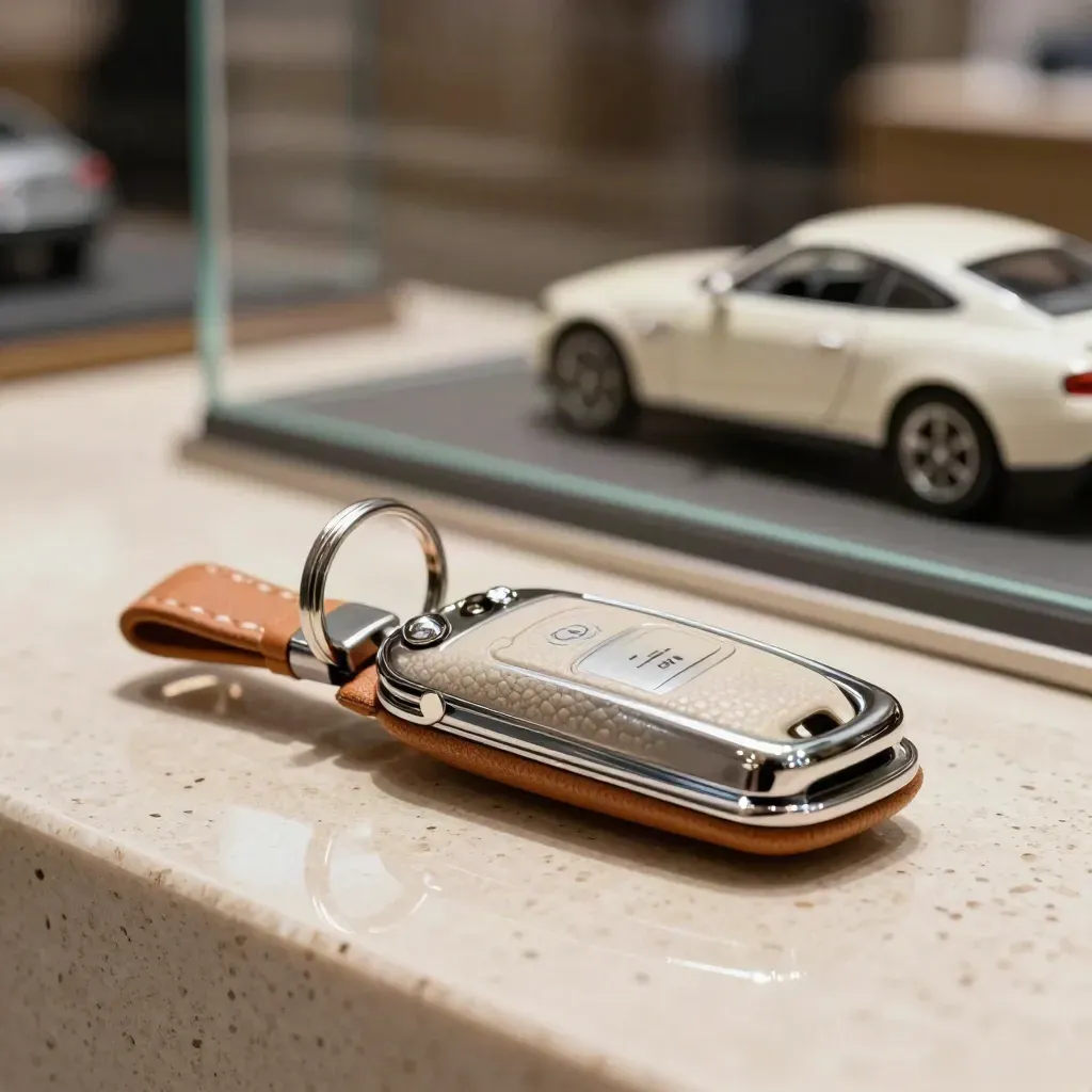 Macro of key fobs, leather tray and silver car model on travertine