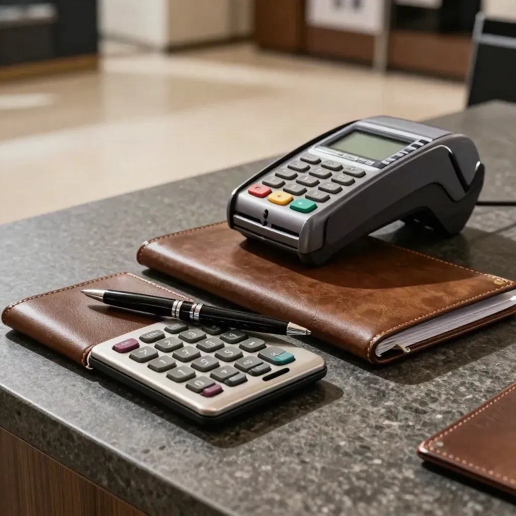 Calculator, folder and card terminal on a dark stone showroom counter