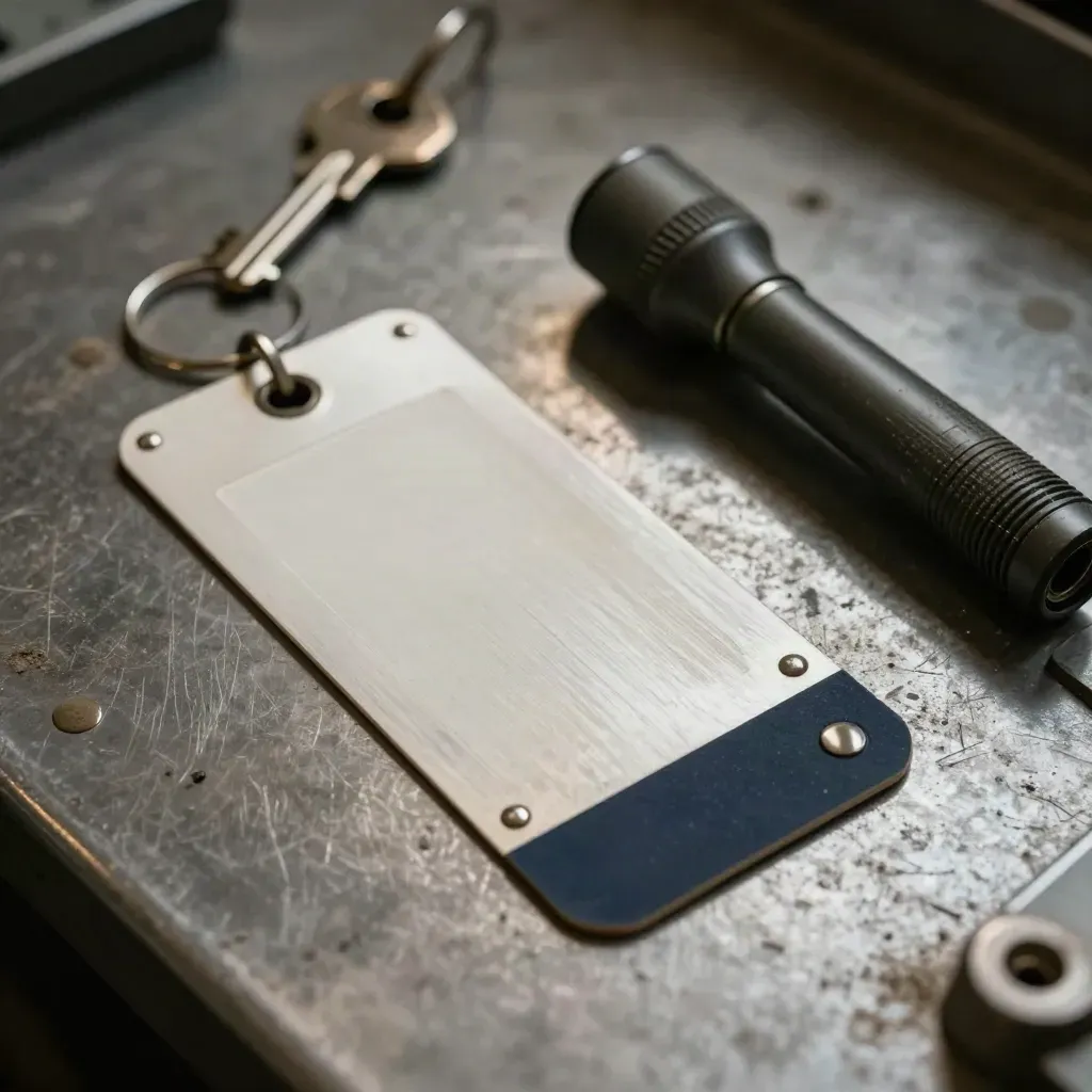 Auction key tags, a VIN plate and inspection torch on a steel worktop.