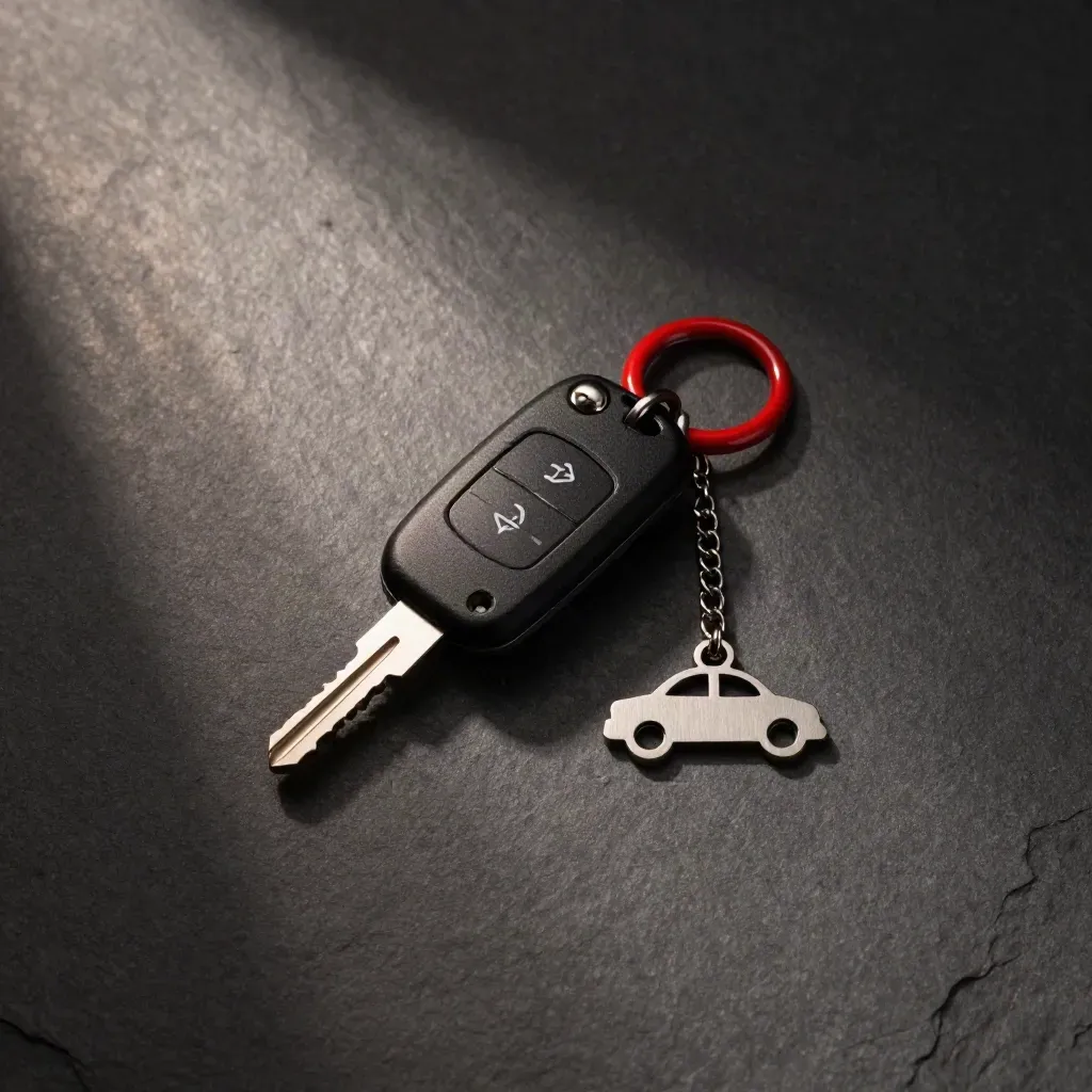 Overhead flatlay of a black smart key fob, chrome blade and tiny car charm on stone.