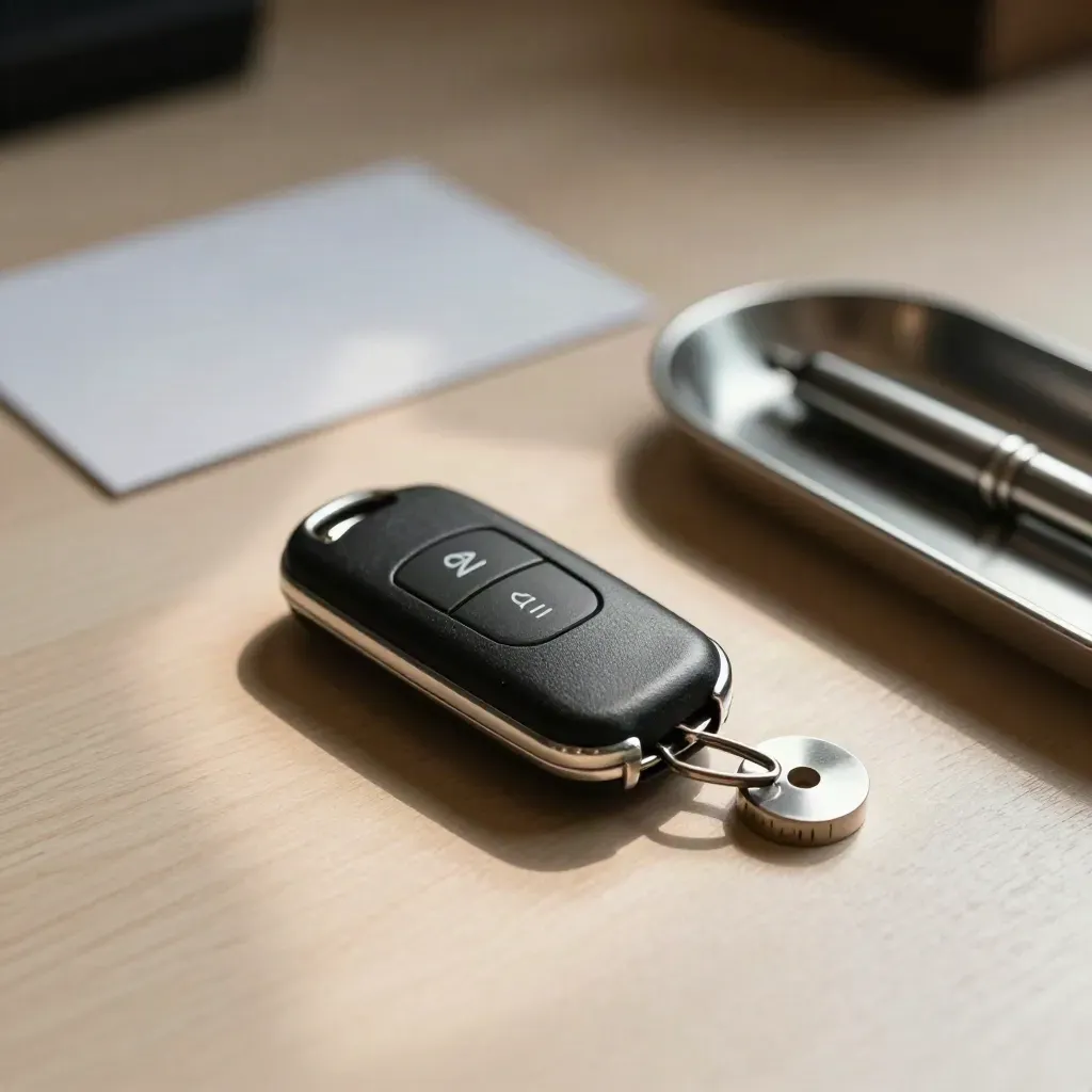 Key fob, mileage token and metal tray on pale wood in soft side light.