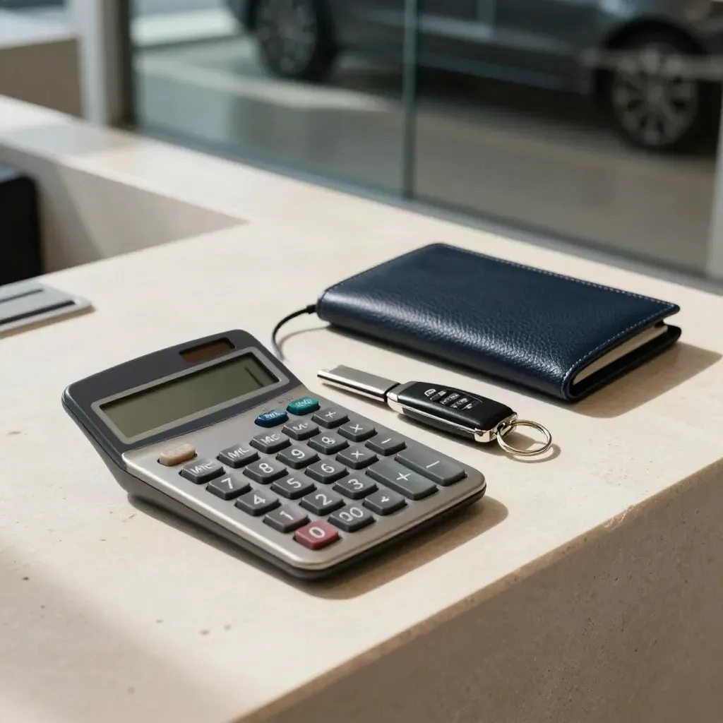 Calculator, card reader, key fob and navy leather folio on a quiet finance counter.