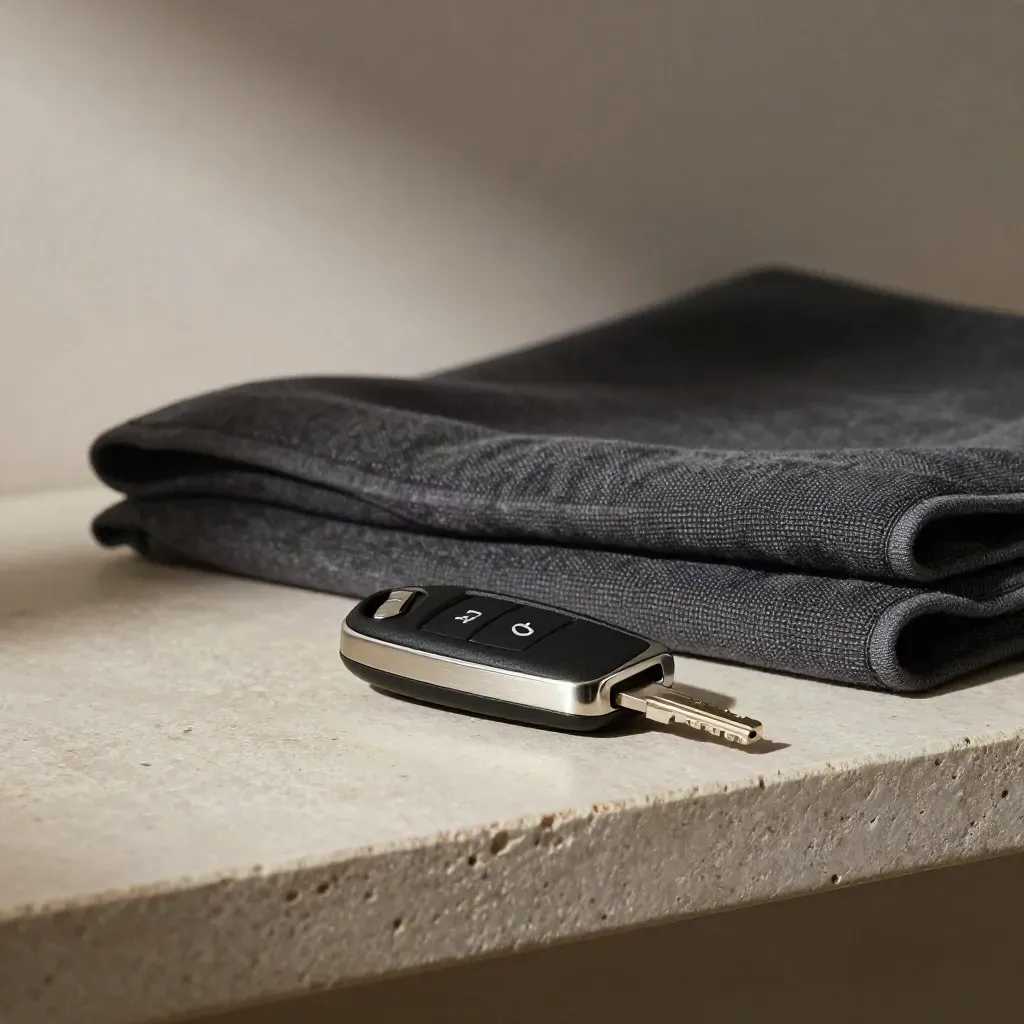 Key fob, folded delivery blanket, and ramp marker on a stone shelf