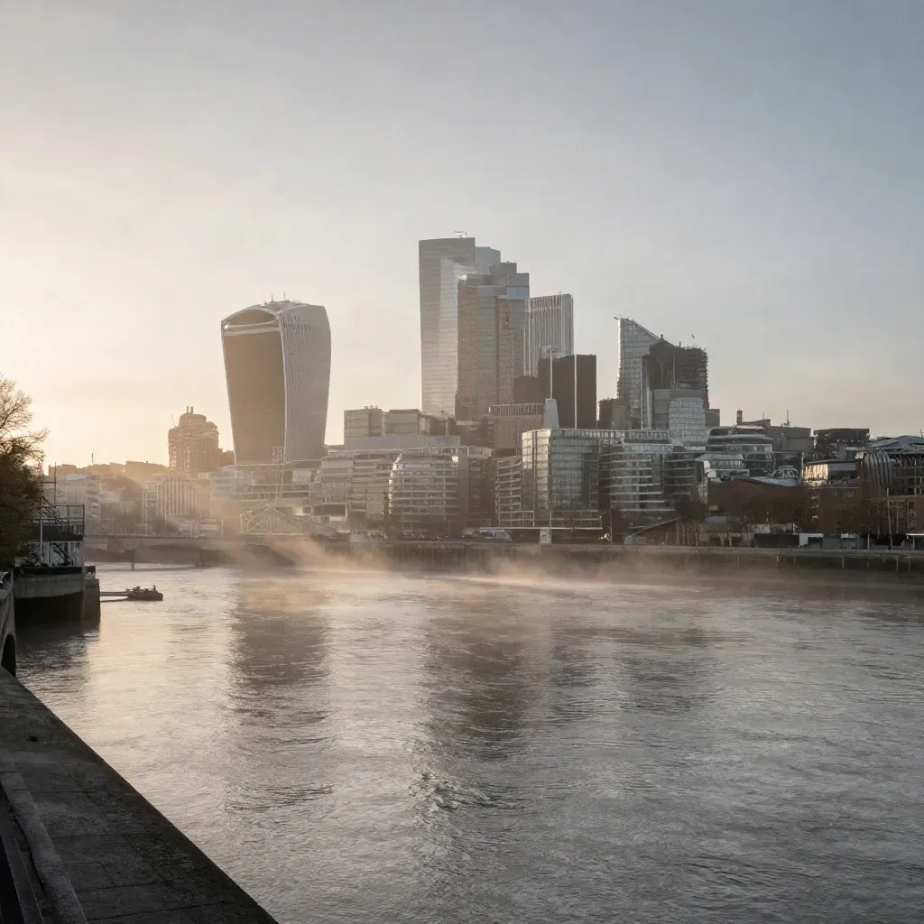 London skyline at dawn over the Thames with Canary Wharf in soft river haze