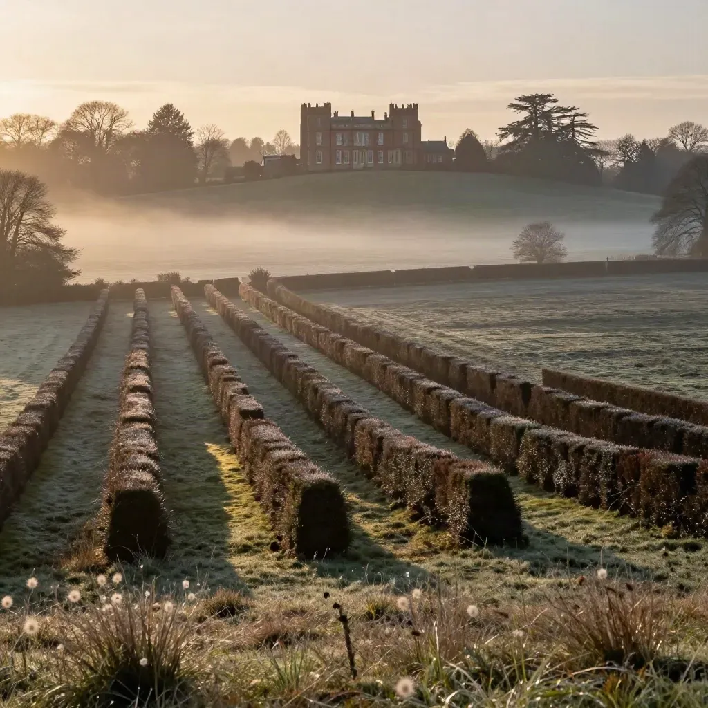 Misty Berkshire parkland at sunrise with hedgerows, a distant manor and open fields.