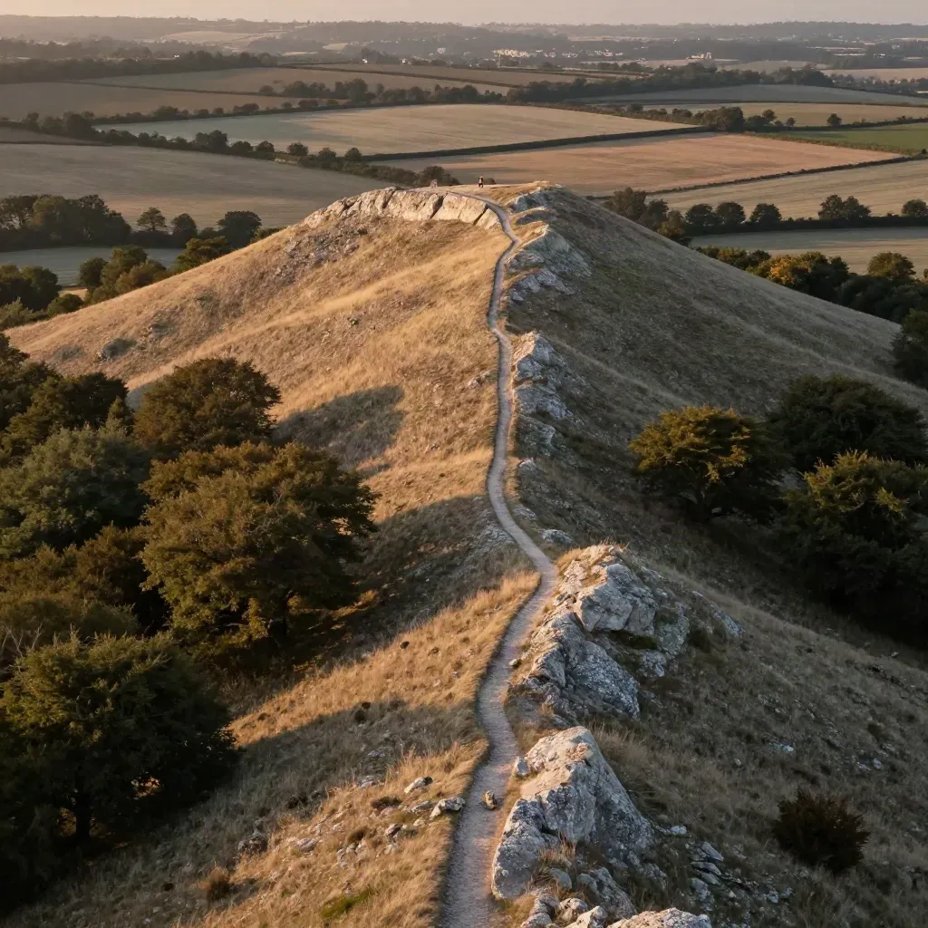 Golden Surrey chalk downs and beech ridges glowing above a hazy quiet valley at sunset