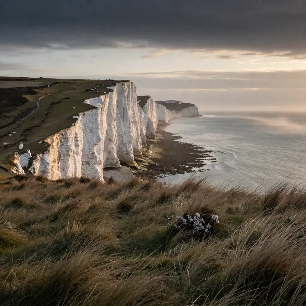 White Cliffs of Dover above a misty Channel horizon at sunset