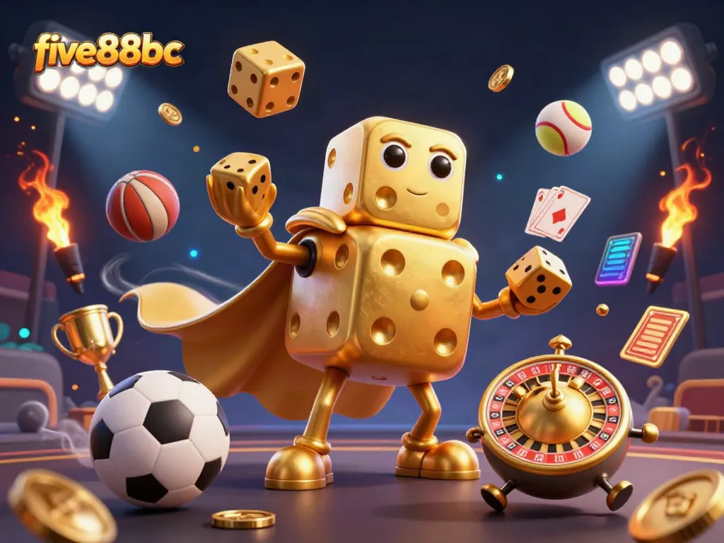 Experience the excitement of the five88bc online casino with a vibrant 3D illustration showcasing golden dice and dynamic sports elements.