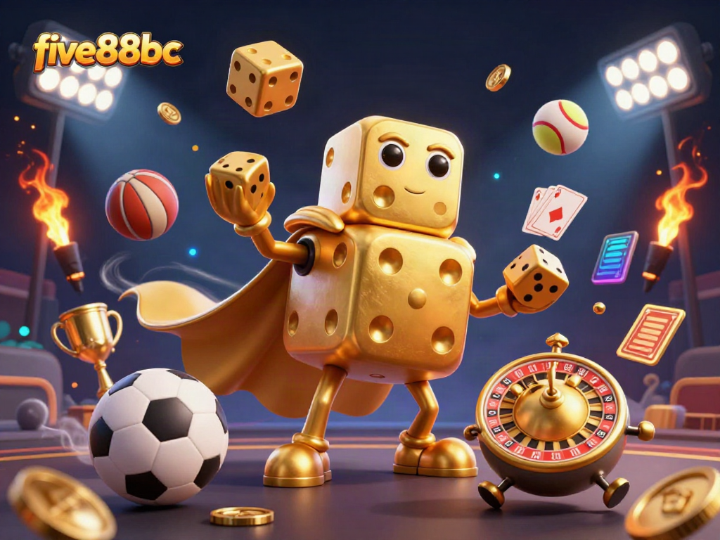 Experience the excitement of the five88bc online casino with a vibrant 3D illustration showcasing golden dice and dynamic sports elements.
