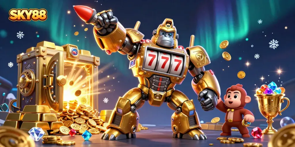 Experience thrilling wins with SKY88's captivating golden gorilla mech and dazzling treasures.