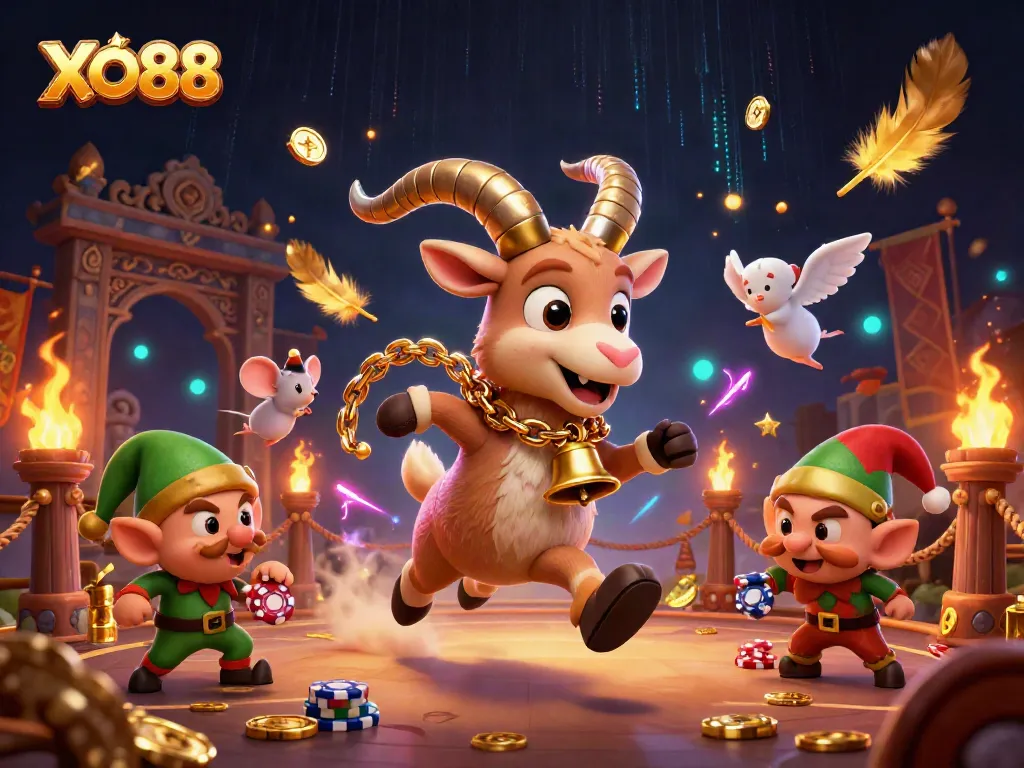 Win big at XO88 with a lively casino scene featuring a Krampus goat, angel mouse, and mischief-making elves.