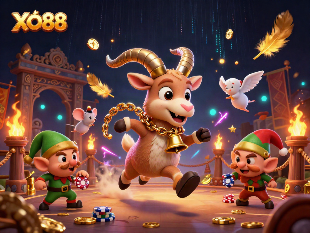 Win big at XO88 with a lively casino scene featuring a Krampus goat, angel mouse, and mischief-making elves.