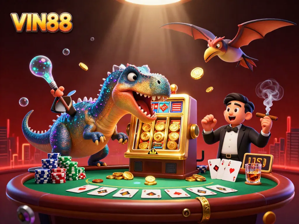 Experience the thrill of winning at VIN88 with a dynamic casino scene featuring exciting characters and games.