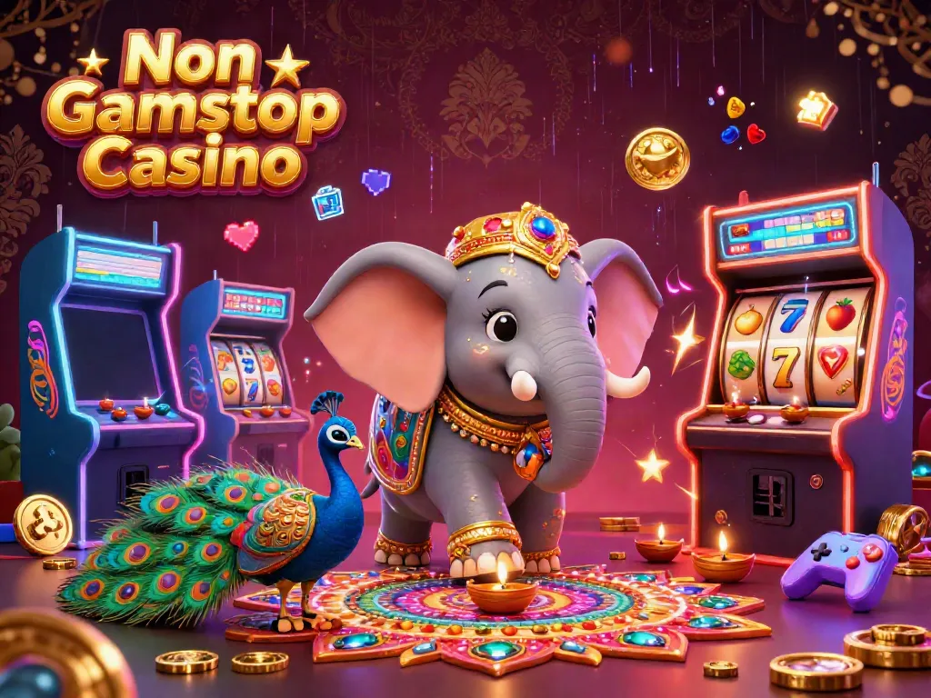 Experience the vibrant world of Non Gamstop Casino with a colorful 3D scene featuring themed elements and games.