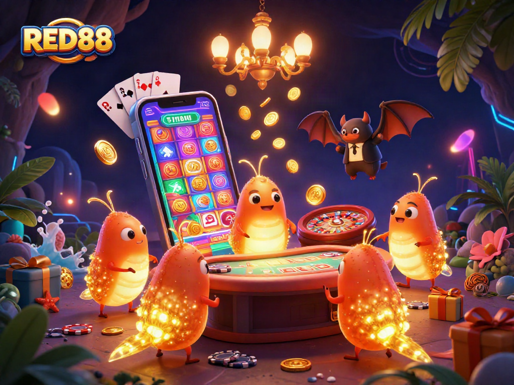 Engage with thrilling slot games at RED88 featuring a vibrant casino scene alive with glowworms and a bat dealer.