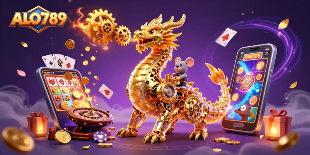 Play thrilling games at ALO789 with a dynamic scene featuring a golden dragon and slot elements.