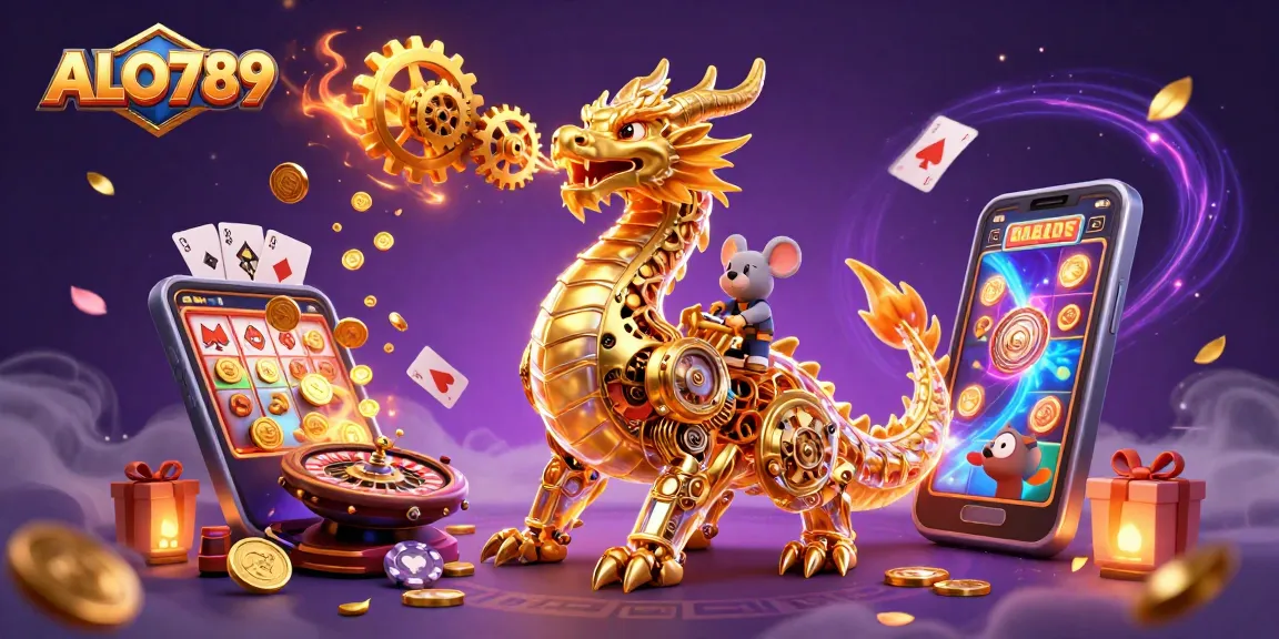 Play thrilling games at ALO789 with a dynamic scene featuring a golden dragon and slot elements.