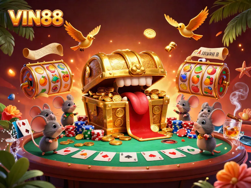 Experience thrilling adventures with VIN88 as a golden treasure lures players in a vibrant casino scene.