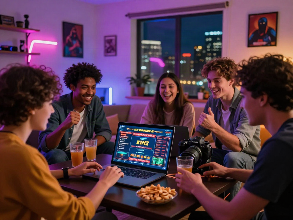 Friends enjoying gaming at a casino not on GamStop in a cozy living room
