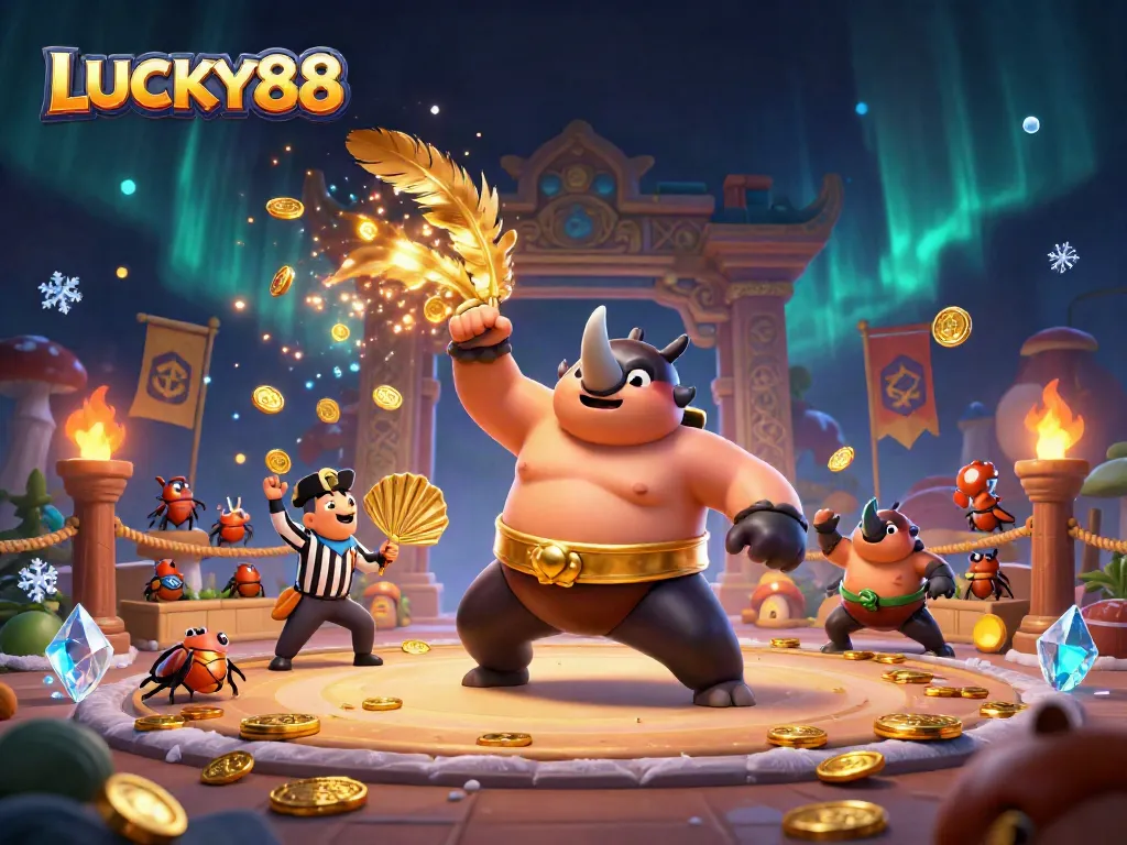 Experience LUCKY88's thrilling atmosphere with a sumo beetle champion amidst dazzling gold coins and vibrant energy.