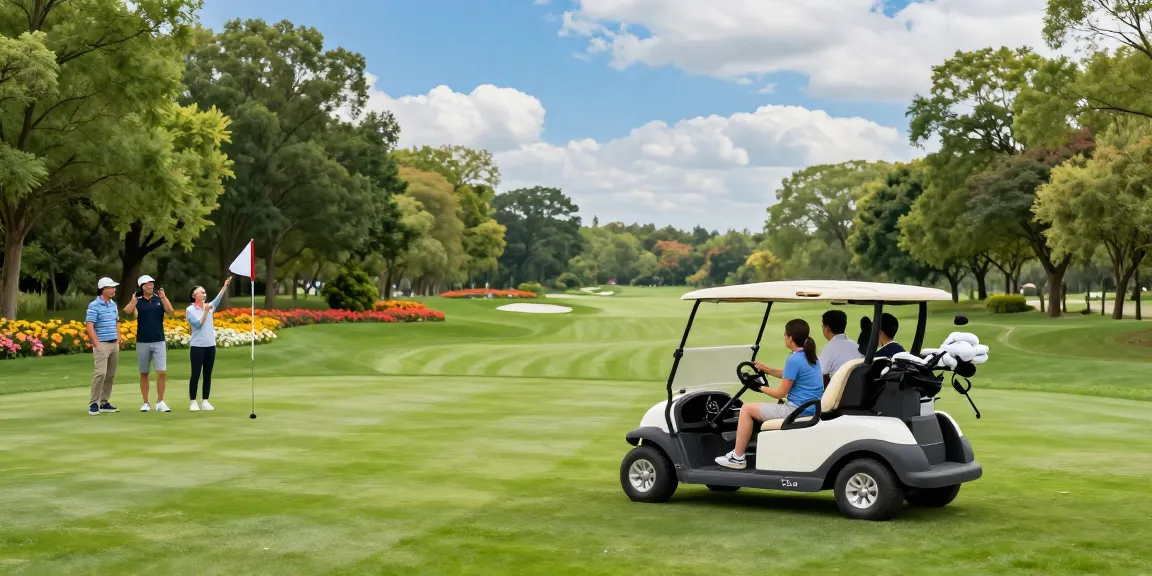 Family enjoying a day on the golf course in a Club Car golf cart for sale, capturing moments of joy.