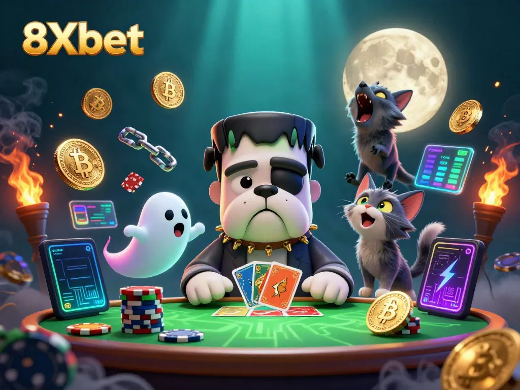 Engage with the thrilling atmosphere of 8Xbet as a cartoon bulldog dealer gamely distributes cards amid crypto coins and fantasy elements.