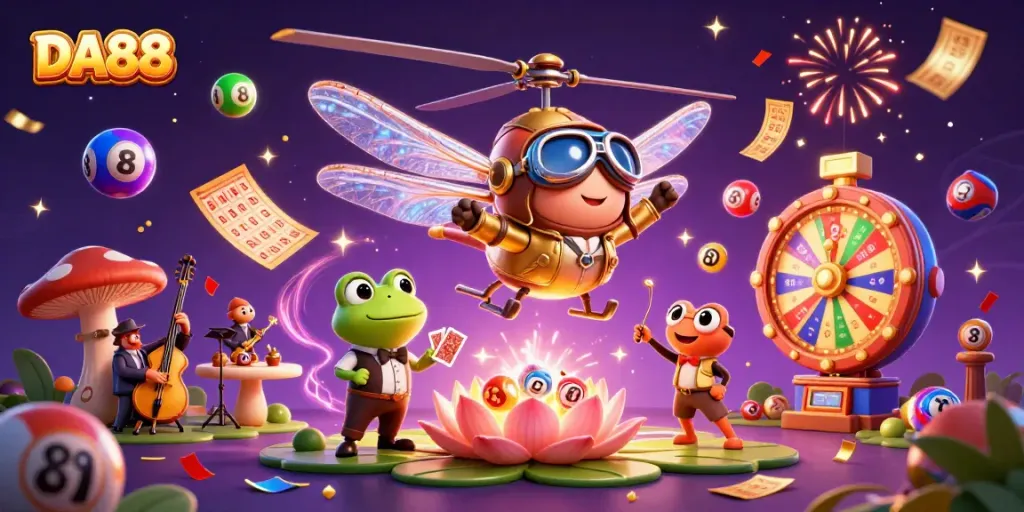DA88 casino illustration showcasing a dragonfly pilot and frog croupier in a vibrant gaming scene.