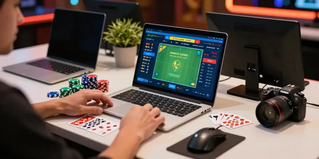 Exciting 9bet online gambling scene with user placing bets on laptop surrounded by gaming chips.