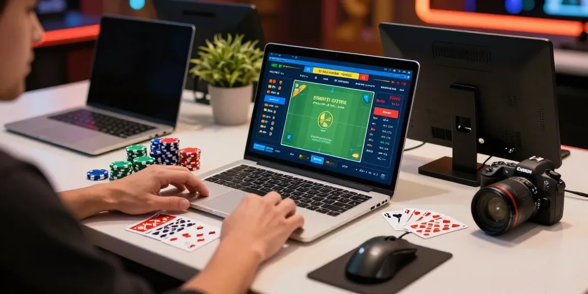 Exciting 9bet online gambling scene with user placing bets on laptop surrounded by gaming chips.