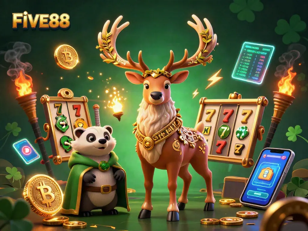 Join the excitement at FIVE88 with a vibrant illustration showcasing a mystical druid stag and golden coins.