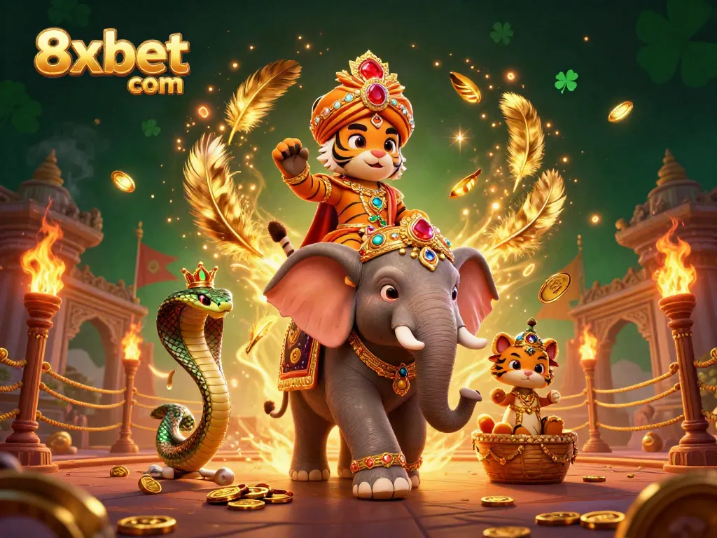 Experience thrilling gaming at 8xbet com with the vibrant maharaja and elephant in a lavish casino scene.