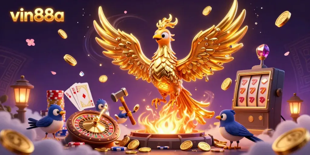 Experience thrilling moments with vin88a as golden phoenixes and coins animate the digital casino realm.