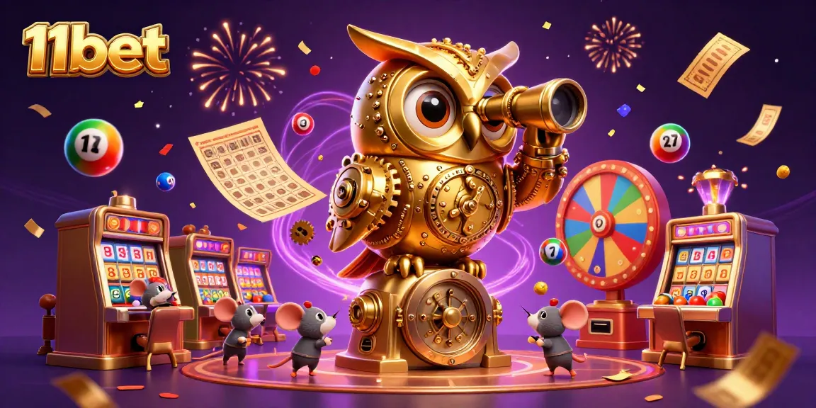 Engaging scene of 11bet with a clockwork owl and casino characters in a vibrant setting.