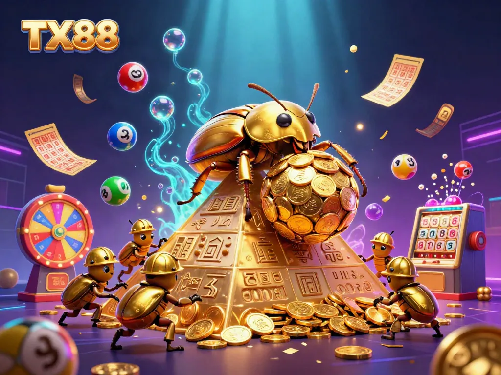 TX88's massive golden dung beetle collects coins while lottery balls bounce in excitement.